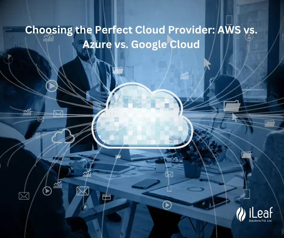 A stylised cloud icon over an office scene joined by network lines.
