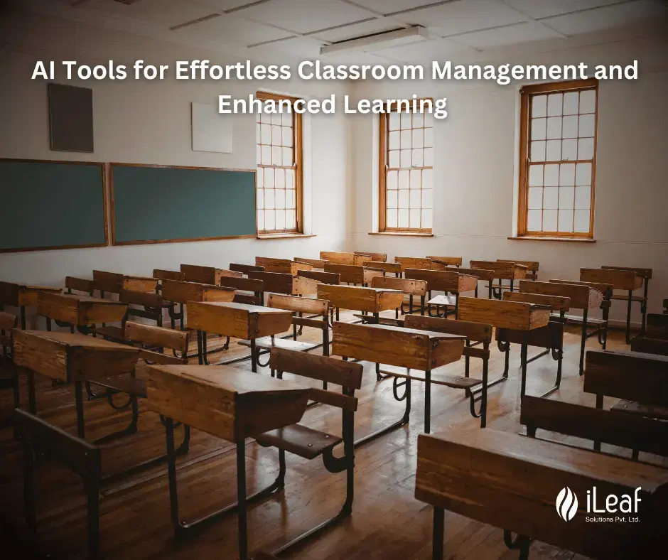 An empty classroom of wooden desks facing a blackboard.