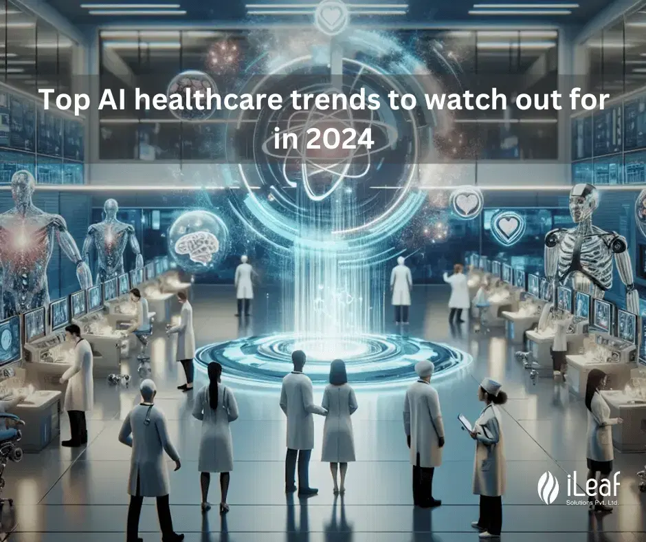 An imagined future hospital floor with clinicians, robots and holographic diagnostic displays.